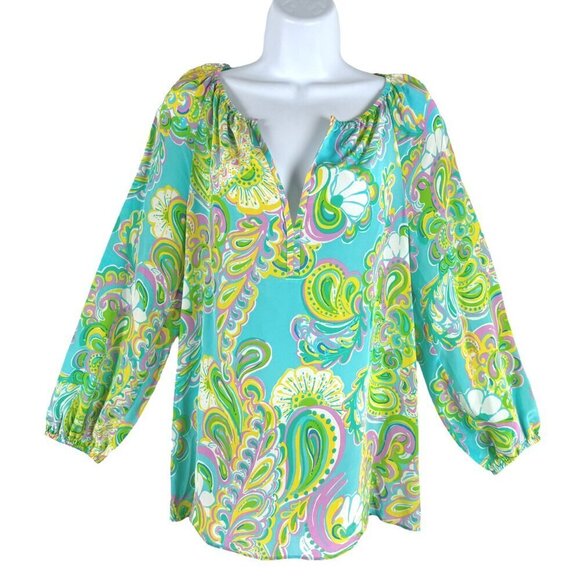 Lilly Pultizer Sarabeth Top XS Shorely Blue Double Trouble Silk NWT TP-2890 - Picture 1 of 11